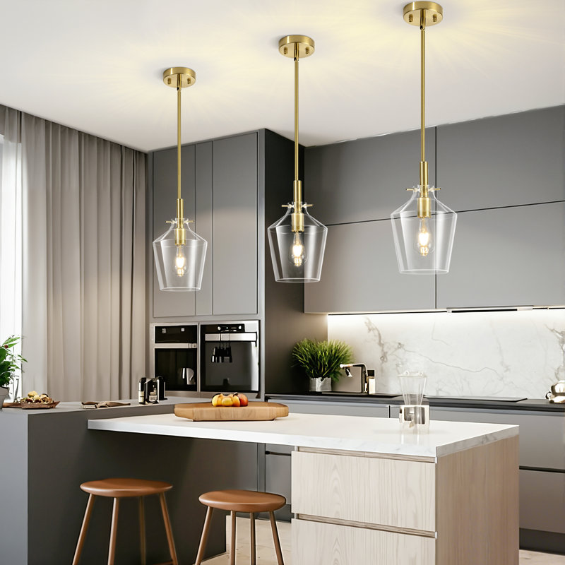 1-Light 7.87" Modern Gold Pendant, Clear Glass for Kitchen Island, Brass