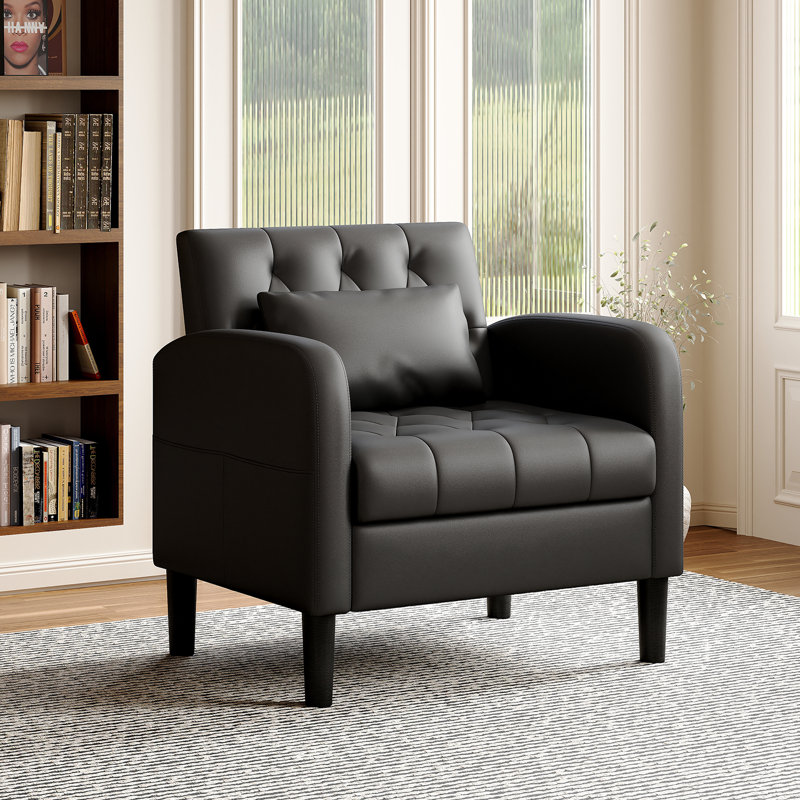Faux Leather Tufted Accent Chair With Hidden Storage, Black