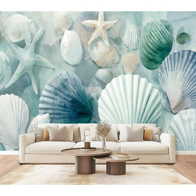 Papier peint à peler et coller, étoile de mer, bleu sarcelle, océan, nature, réalisme, nautique, étoile de mer, peintures murales, 69 po x l 96 po, amovible, papier peint mural en PVC, adhésif pour le salon, la chambre, le bureau à domicile