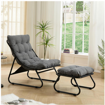 Patio Outdoor Lounge Chair with Ottoman, Comfy Sling Recliner Chair with Puffy Cushion and Foot Stool,   Ideal for Living Room, Bedroom, Reading Room, Black frame with grey cushion