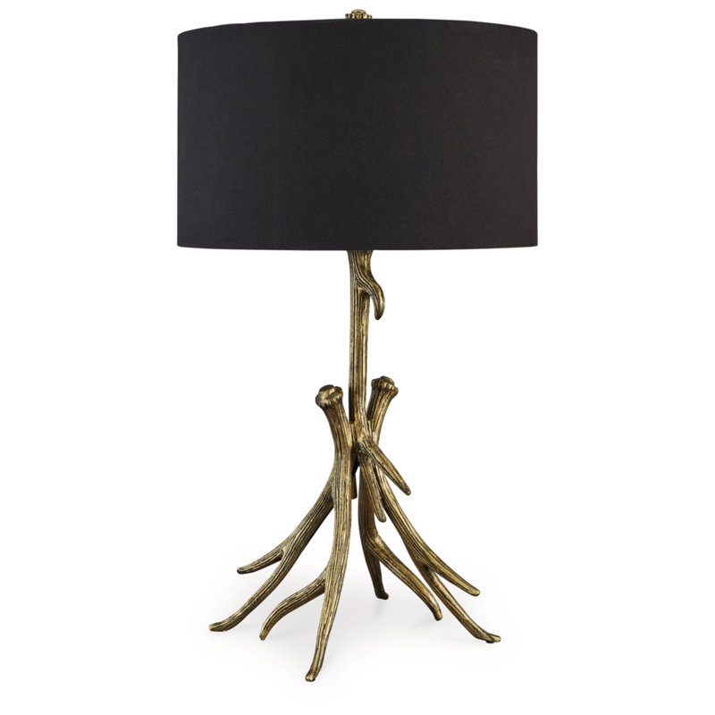 Antiqued Goldtone Cast Aluminum Table Lamp with Black Shade