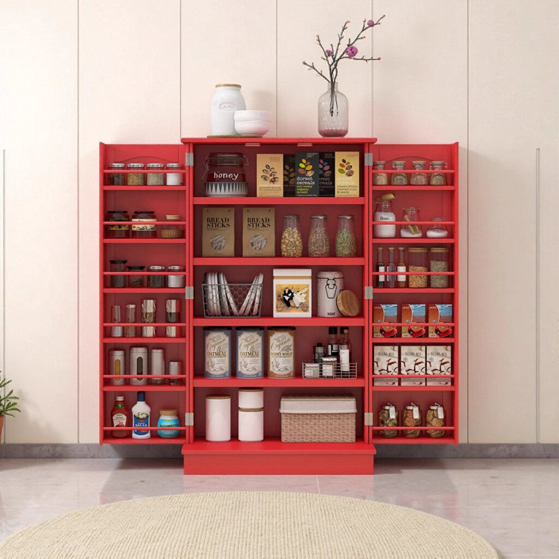 Armoire de rangement pour garde-manger de 41 pouces, autoportante avec portes doubles, 12 tablettes de porte et 5 tablettes réglables à 5 niveaux, rouge