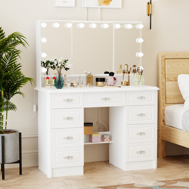 Apiffany Modern 7 Drawers Vanity Table With Lights Mirror