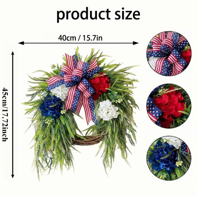 Couronne d'hortensia patriotique de 17,7 pouces, couronne rouge, blanche et bleue du 4 juillet avec nœud du drapeau américain, décoration murale de porte de campagne de la fête de l'Independence