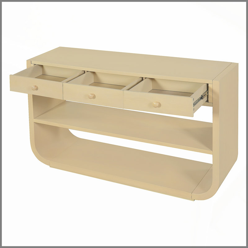 Console moderne courbée avec 3 tiroirs à fermeture en douceur et 2 tablettes ouvertes, base en bois massif, table de vestibule pour vestibule de salon, naturel