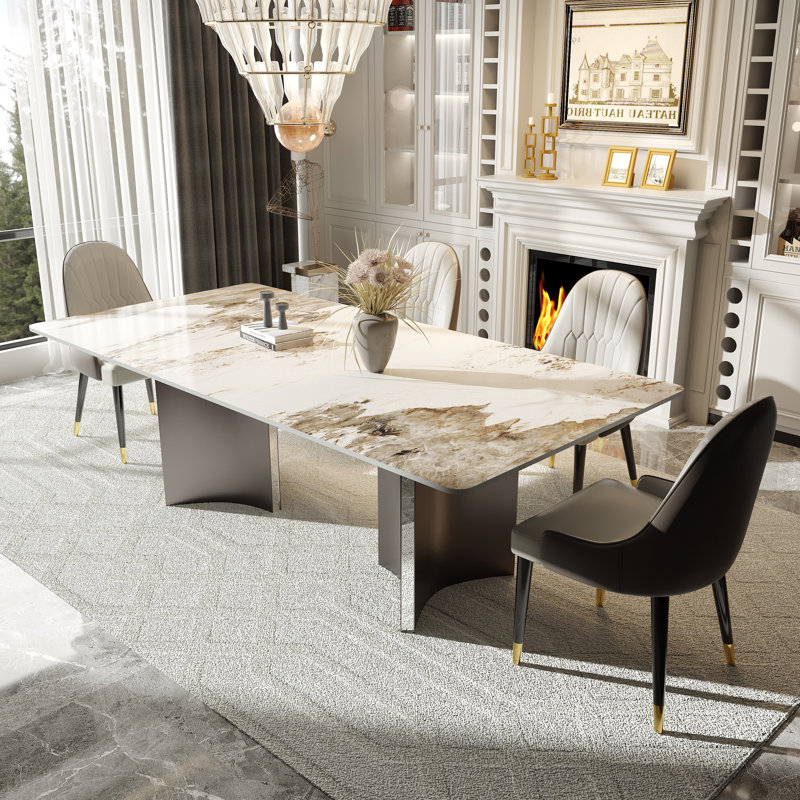 Table de salle à manger pour 6 à 8 personnes, avec plateau rectangulaire en pierre frittée et base en acier gris acier