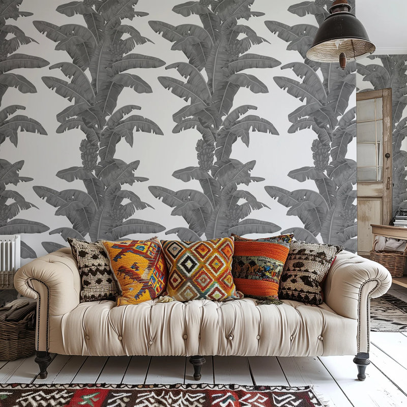 Banana Tree Wallpaper, Monochrome Grey Tropical Jungle