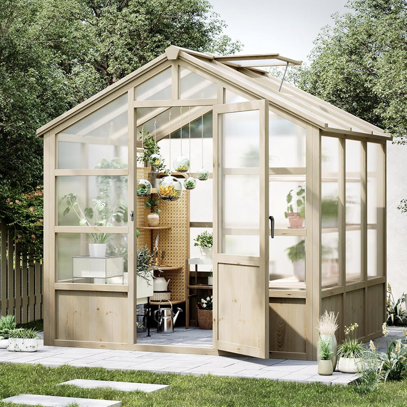 8 Wooden Greenhouse,,Plant Garden Shed Greenhouses For Outdoors With Lockable Door, Wood Frame & Adjustable Vent, Heavy Duty Greenhouse With Polycarbonate Panel For Outside, Garden, Yard, Light Brown