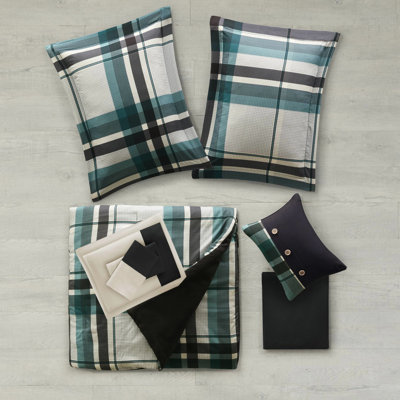 Queen, Microfiber, 9 Piece, Comforter And Sheet , Teal Black Plaid Pattern, Proof, Machine Washable Cover Piece Teal/black Queen Microfiber Bed Kit - , Labeled For Skin