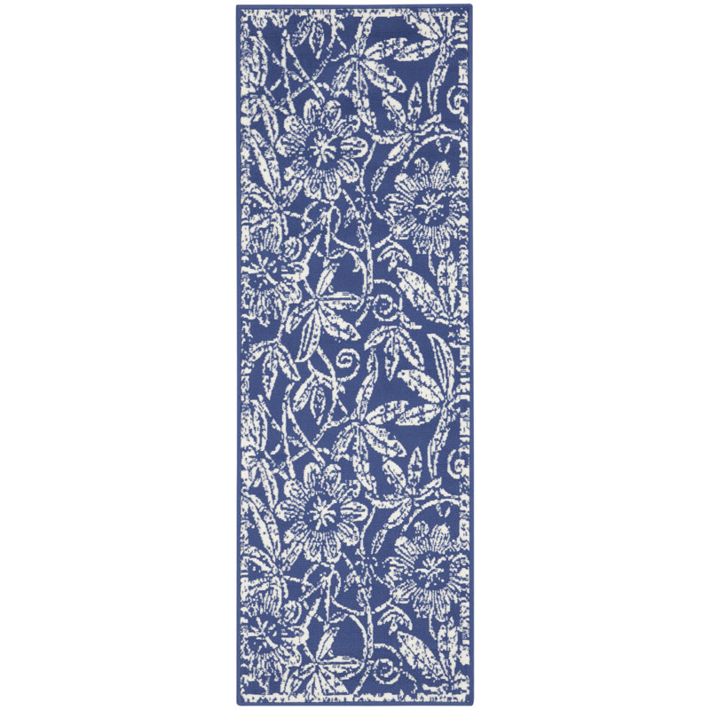 Tapis bleu marine en polypropylène tissé à la machine Yetty, Tapis de couloir 2 pi x 6 pi