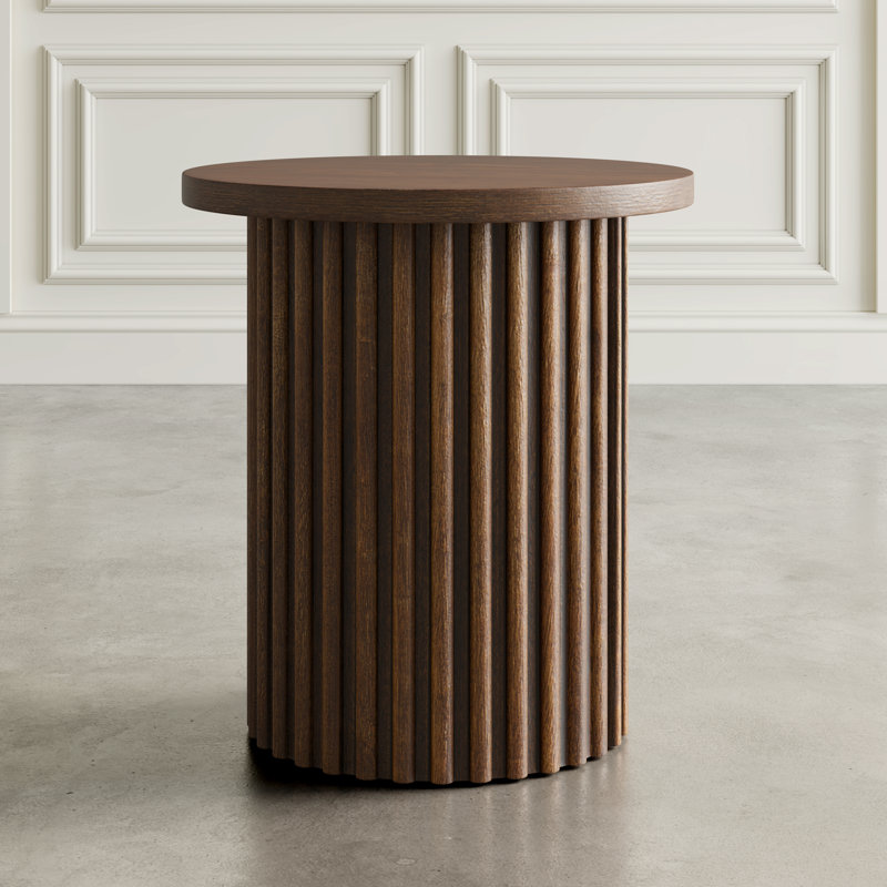 Tannen 24" Round Mid-Century Modern Fluted Pedestal Base End Table, Chestnut