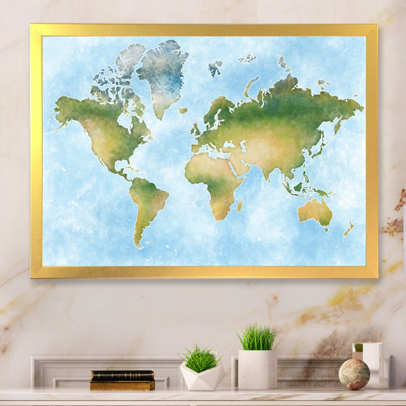 Carte du monde en vert et bleu - Cadre photo, impression sur toile, H 16 po x l 32 po x P 1,5 po, Cadre photo doré