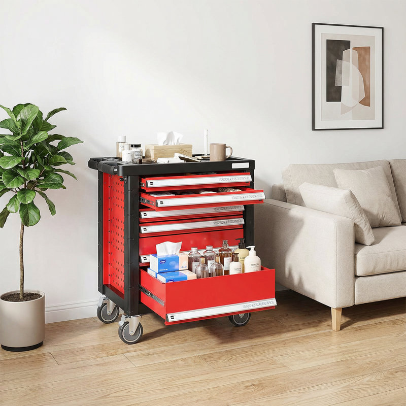 Coffre à outils à 6 tiroirs avec serrure, coffre à outils avec roulettes et plateau à outils