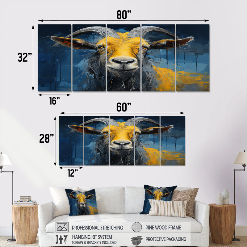 Chèvre jaune et bleu, paysage de prairie II - chèvre, art mural, H 32 po x l 80 po