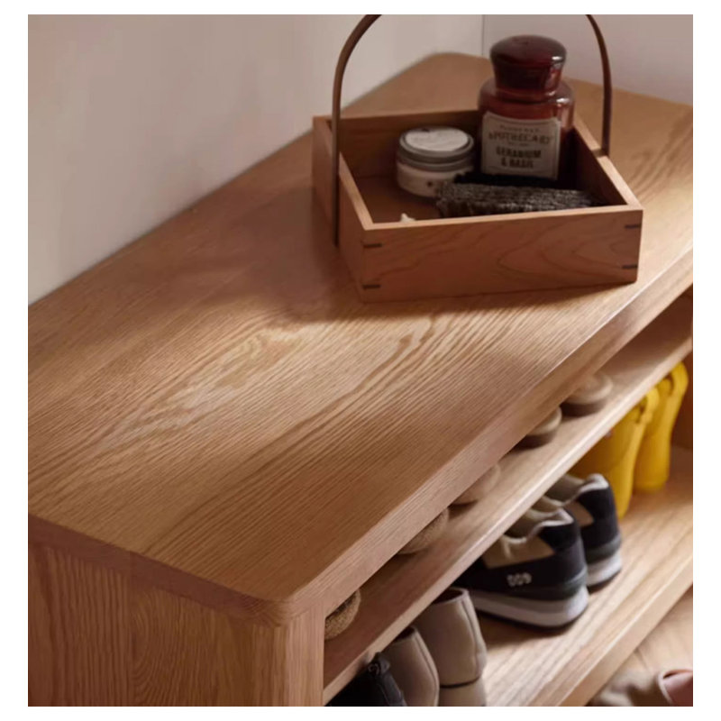 Natural-coloured rectangular solid wood low shoe cabinet, 16.54" H x 40.16" W x 14.17" D