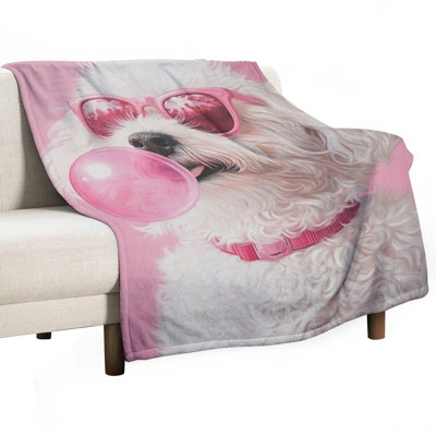 Pink Sunglasses Poodle Blowing Bubblegum Luxury Flannel Throw Blanket, Soft Warm Fuzzy Blanket for Living Room Sofa Bed Home Decor