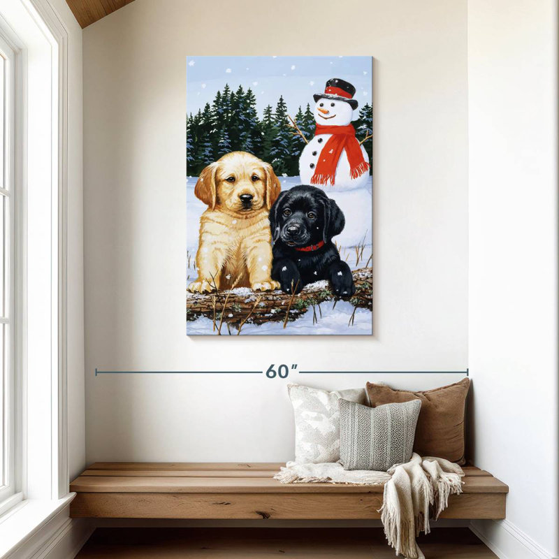 Brampt Lab Puppies With Snowman, 45" H x 30" W