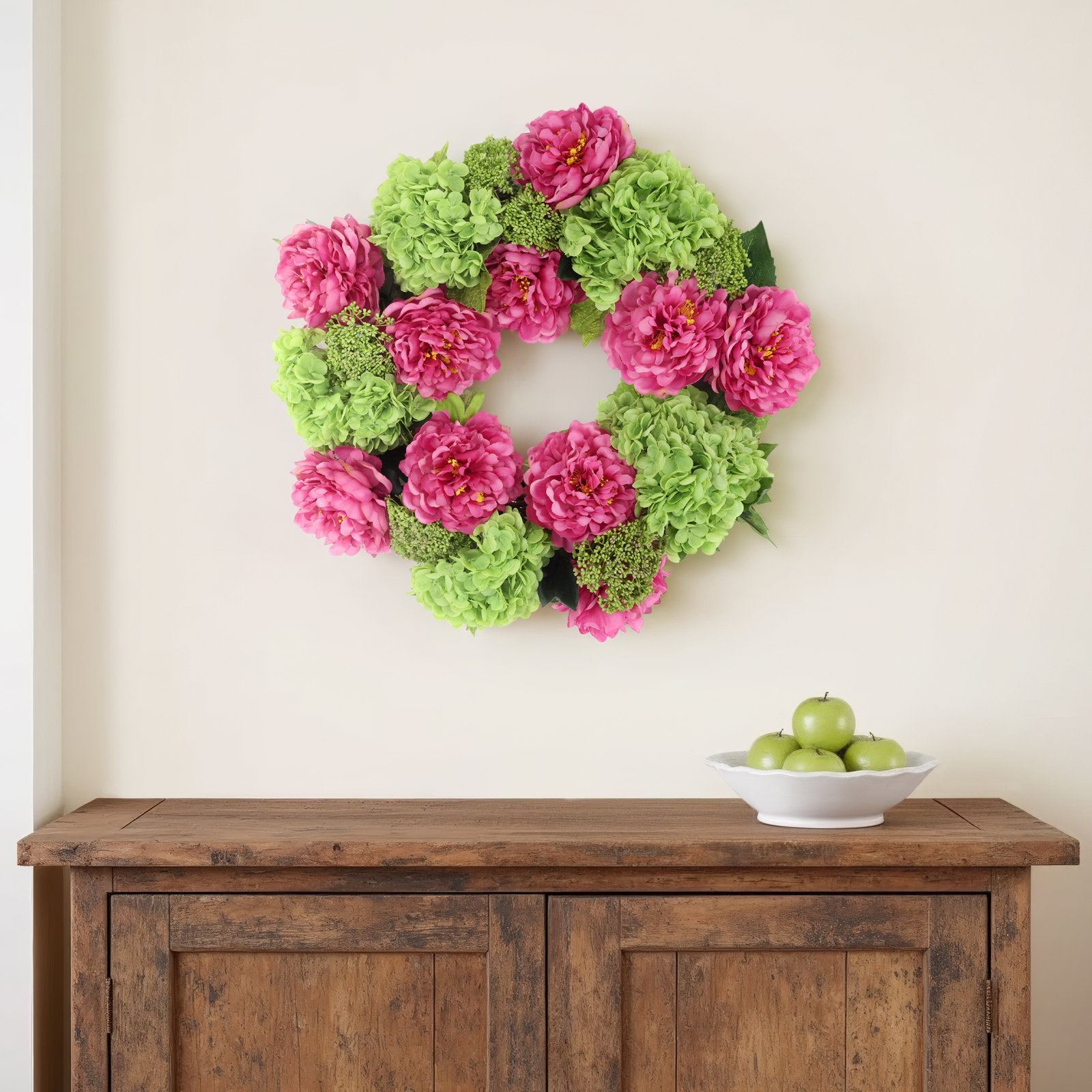 24" Real-Touch Hydrangea Wreath with Peonies and Sedum