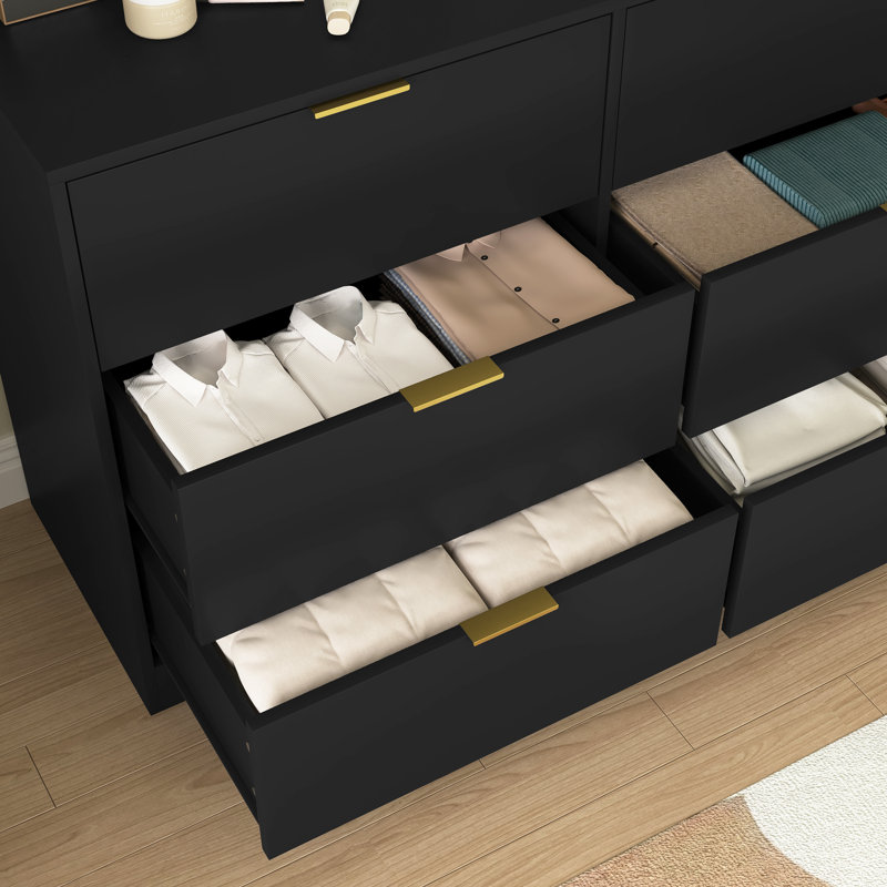 47"W 6-Drawer Dresser Cabinet Chest Of Drawer With Gold Handle, Black