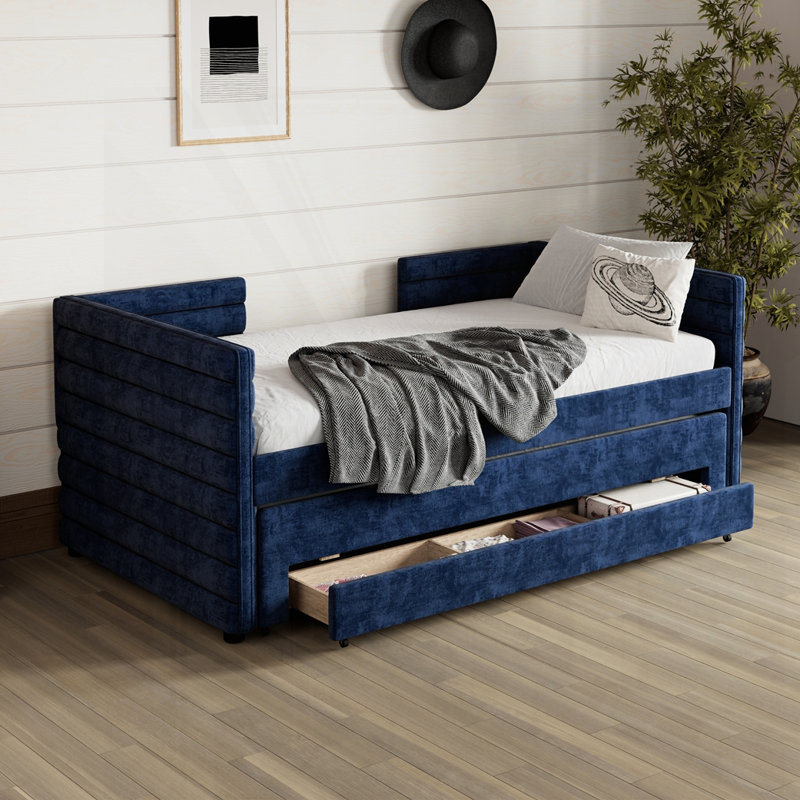 Upholstered Daybed with Trundle and Drawers, Dark Blue