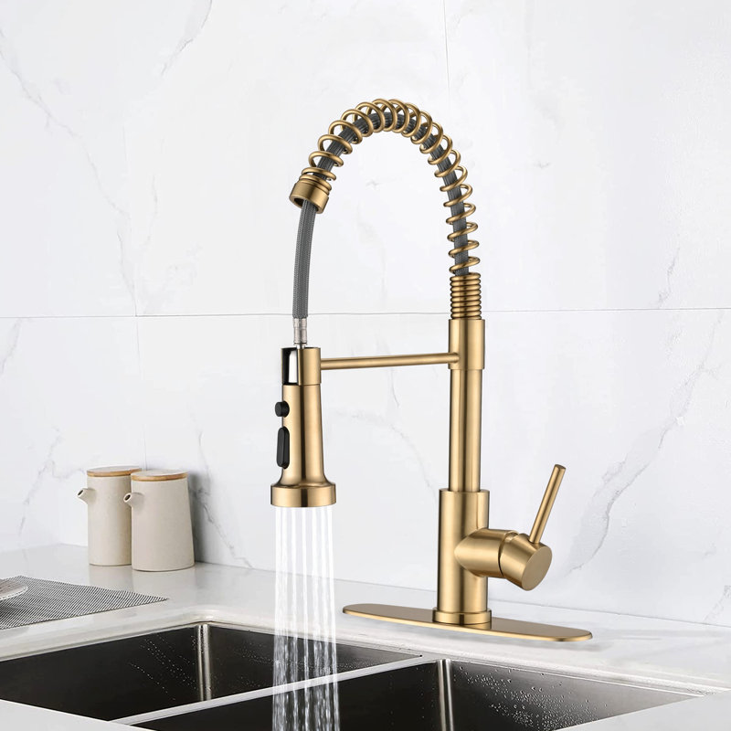 Pull Down Kitchen Sink Faucet In Brushed Gold - Stainless, 4.72" Spout Height, 1.8Gpm Flow Pause Button,