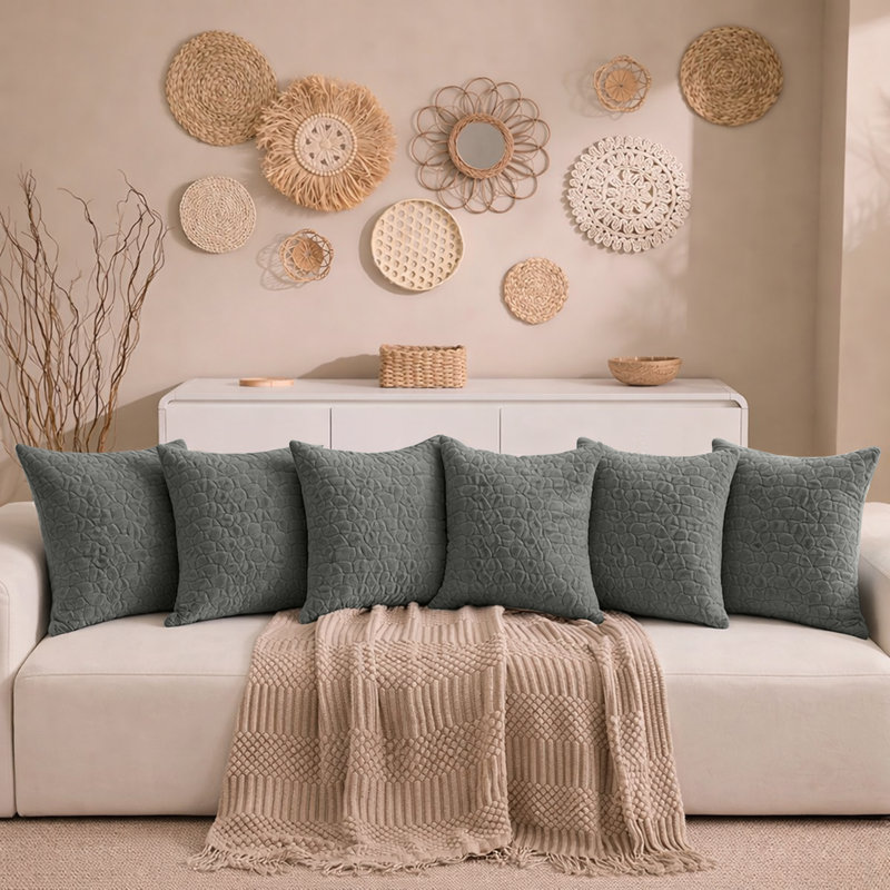 Aspire Homeware Geometric Square Velvet Cushion Covers, Grey, Pack of 6