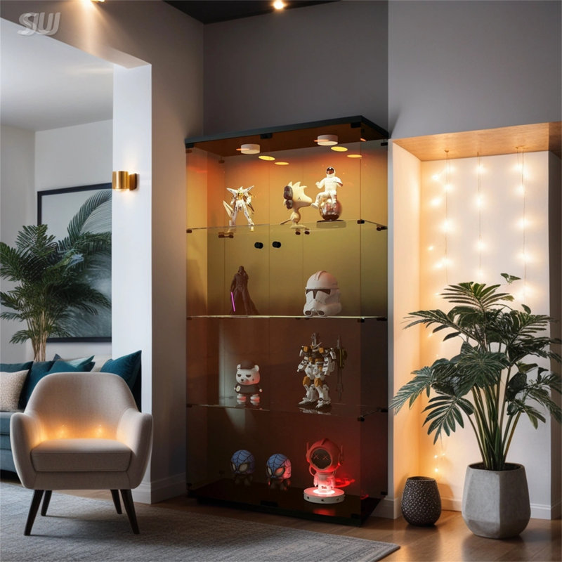 Lighted Two Door Glass Display Cabinet With 4 Shelves, Ideal For Showcasing Collectibles And Enhancing Room Decor, White