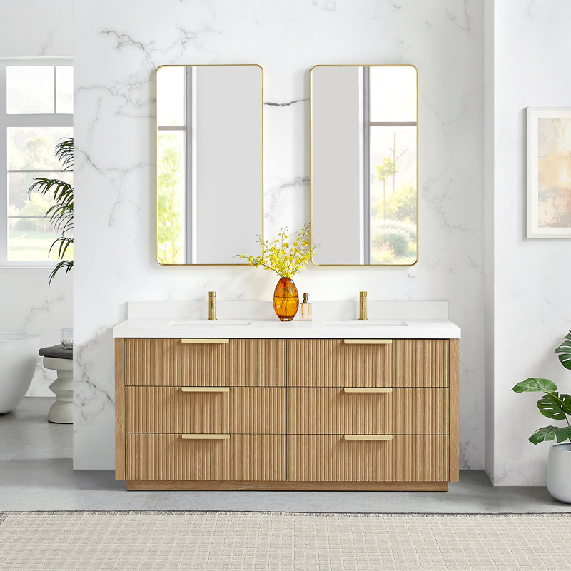 Allister 72" Free-standing Double Bath Vanity in Washed Ash Grey with White Quartz Stone Top, Washed Ash Gray/Brushed Gold