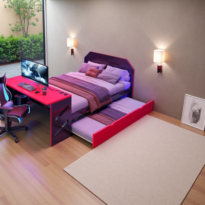 Full Size Wood Daybed With Twin Size Trundle,Desk And USB