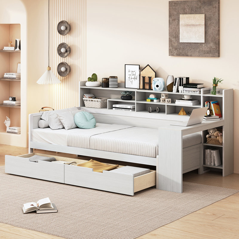 Lit de jour en bois avec tablettes de rangement, Simple, Blanc antique