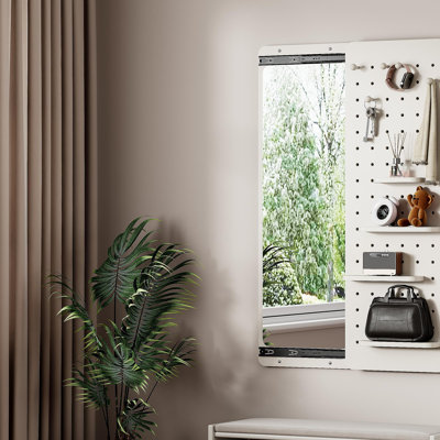 Wall Mounted Full Length Mirror, Full Body Mirror With Shelf, Full Body Mirror With Hook Wall Mounted Mirror With Multifunctional Design Panel, Bedroom/Living Room/Entrance White(47.6*15.7In)