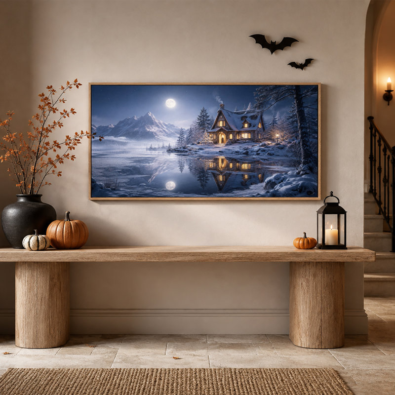 Cabane enneigée aux fenêtres illuminées, lac au clair de lune, toile murale d'Halloween, 46“W x 24”H