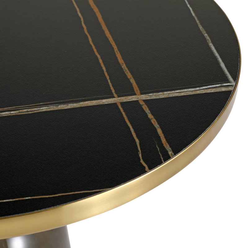 Table de bout ronde 19 po avec plateau en verre fritté et bordure en or brossé et base en verre trempé, Black Stone, Gris
