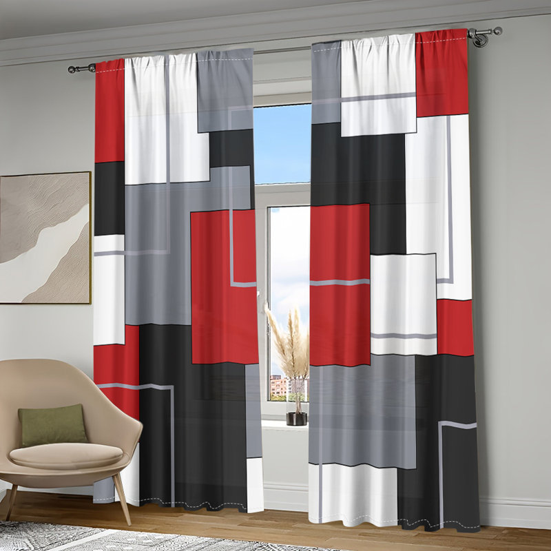 Pcs Modern Geometric Color Block Window Curtains Red Grey White Black Patchwork Pattern Rod Pocket Panels Light Filtering Drapes for Living Room Bedroom Home Office Decor