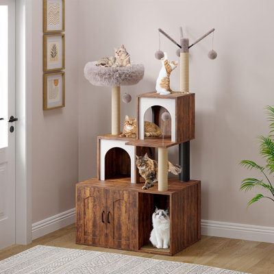 Arbre à chat multifonctionnel avec bac à litière, tour de meuble pour chat avec poteau à griffer
