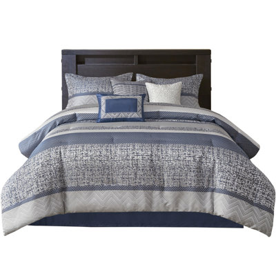 7 Piece Navy King Comforter - With Stripe Design & Decorative Pillows Classy Comforter, Shams Machine Washable