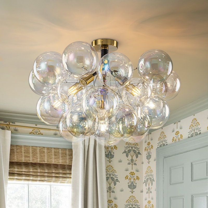 Plafonnier boule en verre irisé 6 lumières Meyana, Doré / Blanc