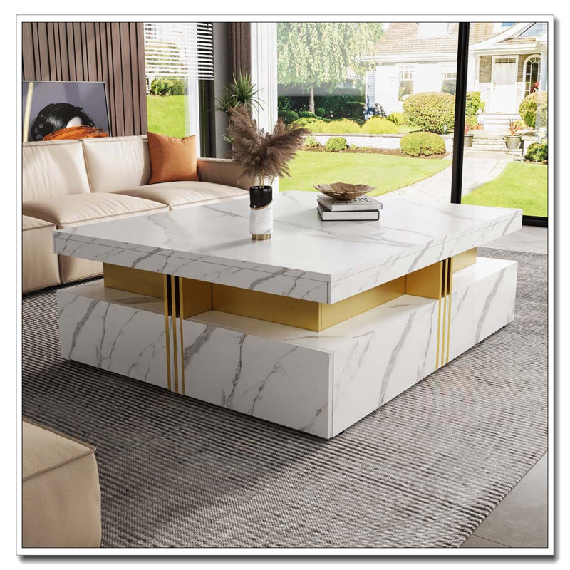 Table basse carrée avec rangement à 4 tiroirs, Blanc