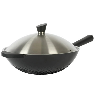 Wok en fonte d'aluminium antiadhésive de 13 pouces avec couvercle en acier inoxydable Kenmore Eugene - Sauteuse à haute température