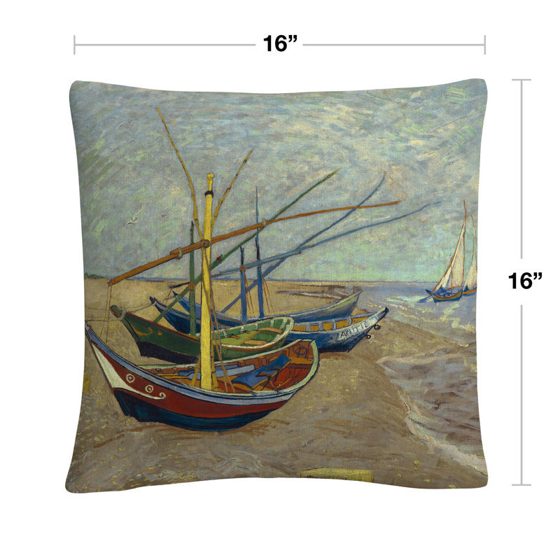 Vincent Van Gogh Fishing Boats Beach 16" Square Polyester Throw Pillow