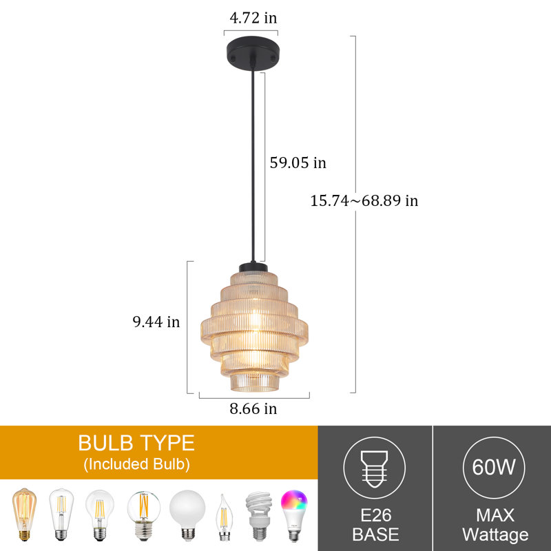 Luminaire suspendu à 1 lumière Raylie, Noir, noir, noir, noir