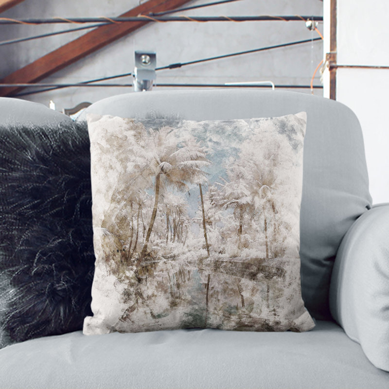 Tree View in Kerala India Cushion with Filling, 40cm H x 40cm W x 15cm D, Stone