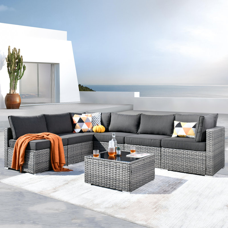 Lava 7 Piece Rattan Sectional Seating Group With Cushions, Black