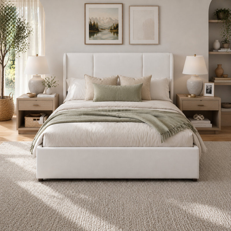 Lit plateforme tapissier avec 4 tiroirs Braya, Double, Blanc