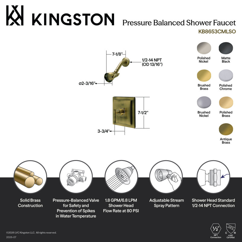 Robinet de baignoire et douche à pression équilibrée à poignée simple Kingston Brass Kingston, Nickel poli
