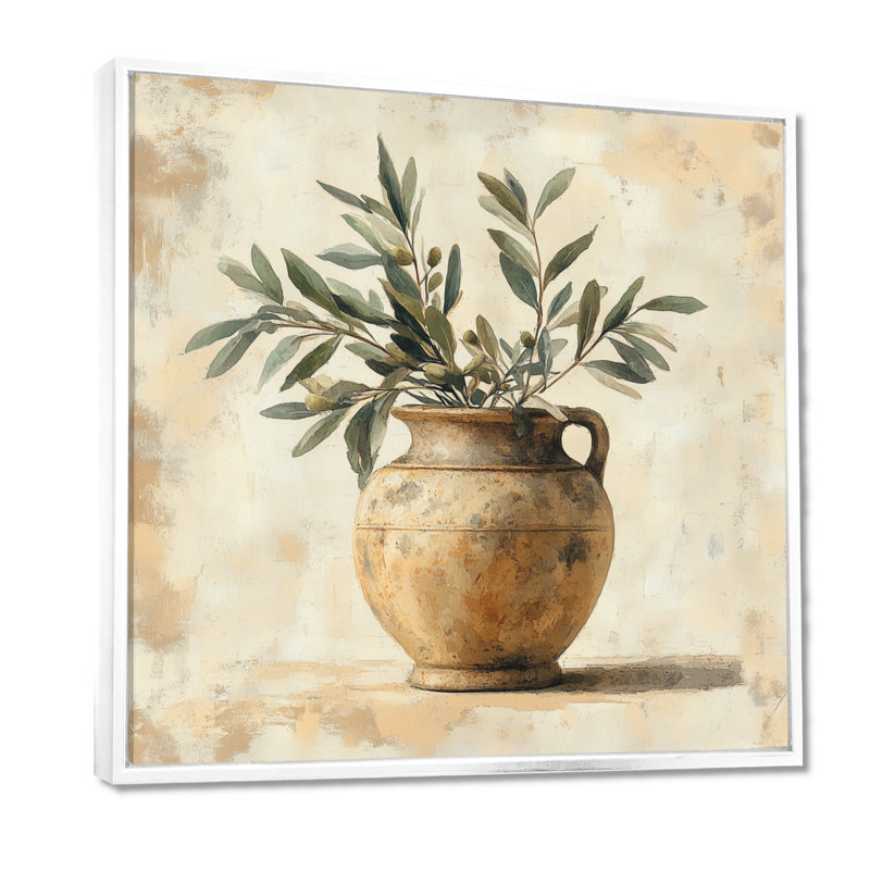 Urne antique, art mural rétro - art antique avec branches olive, H 44 po x l 44 po, Cadre flottant blanc