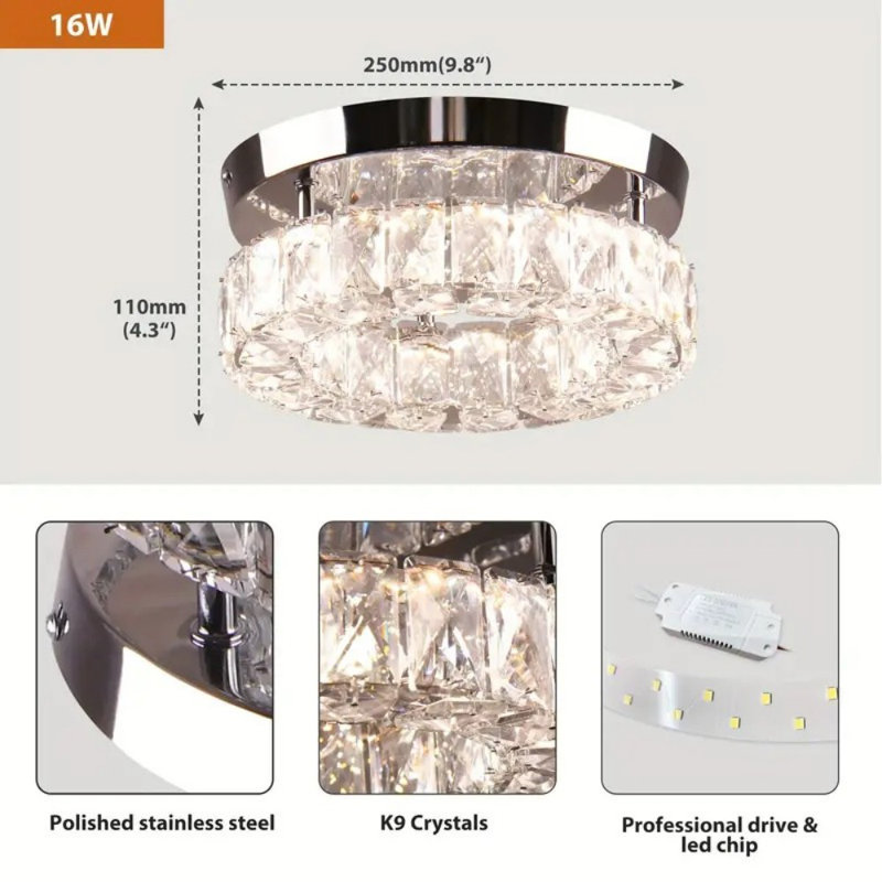 Modern Dimmable Crystal LED Chandelier With Remote - 3-Color Adjustable Flush Mount Ceiling Light For Hallway, Kitchen, Staircase, Closet, Memory Function, Polished Metal Finish, Elegant Design For Contemporary Spaces, Light Decor
