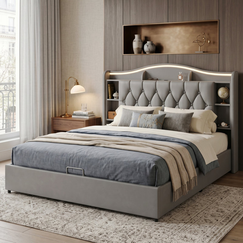 EU Double & King Velvet Ottoman Bed with Smart LED & Wireless Charging, Storage Headboard, 140/160x200cm in Grey/Beige, Grey