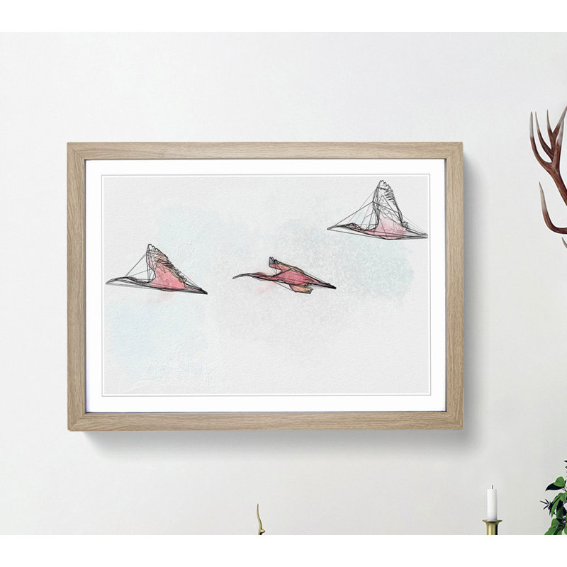 Three Pink Flamingos in Abstract - Framed Print, 35cm H x 50cm W x 2cm D, Oak