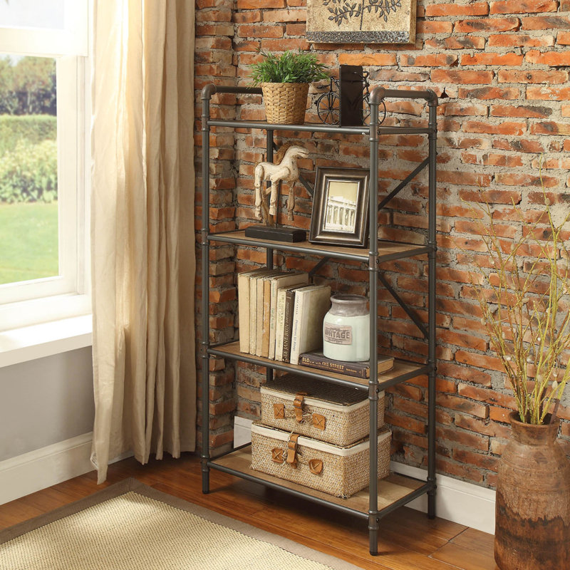 Four Tier Metal Bookshelf With Wooden Shelves, Oak Brown & Gray, (5 Shelves) 49.5" H x 26.5" W x 14.5" D, Natural+Grey